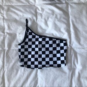 One-shoulder checkered crop top
